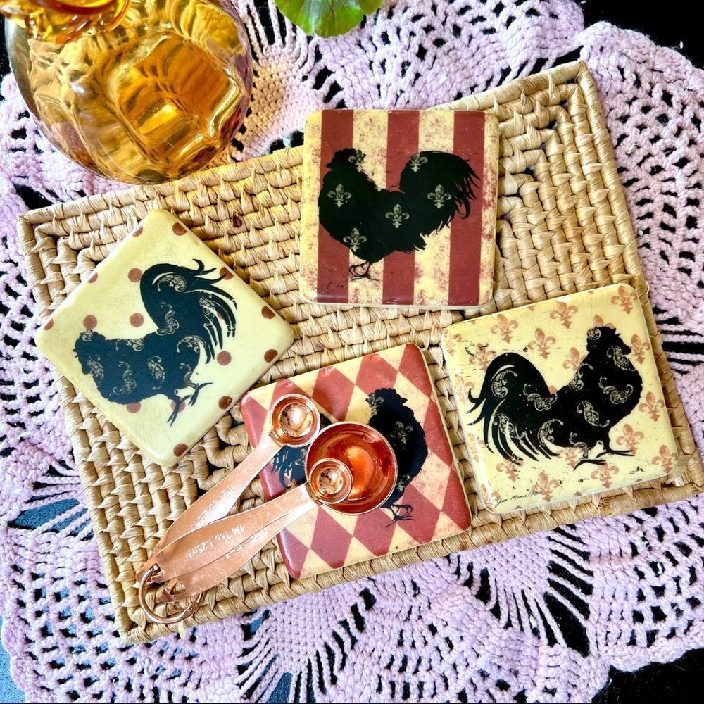Vintage Retro Farmhouse Jo Moulton Rooster Farm Country Coaster Set Of 4 - Picture 2 of 11